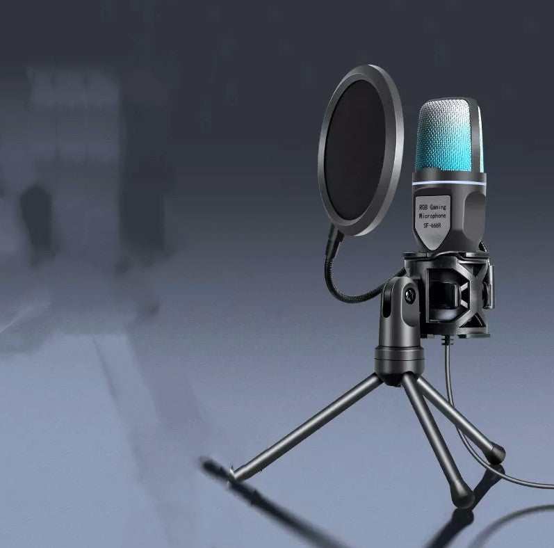 High-quality microphone setup ideal for streaming equipment, featuring a pop filter and tripod stand.