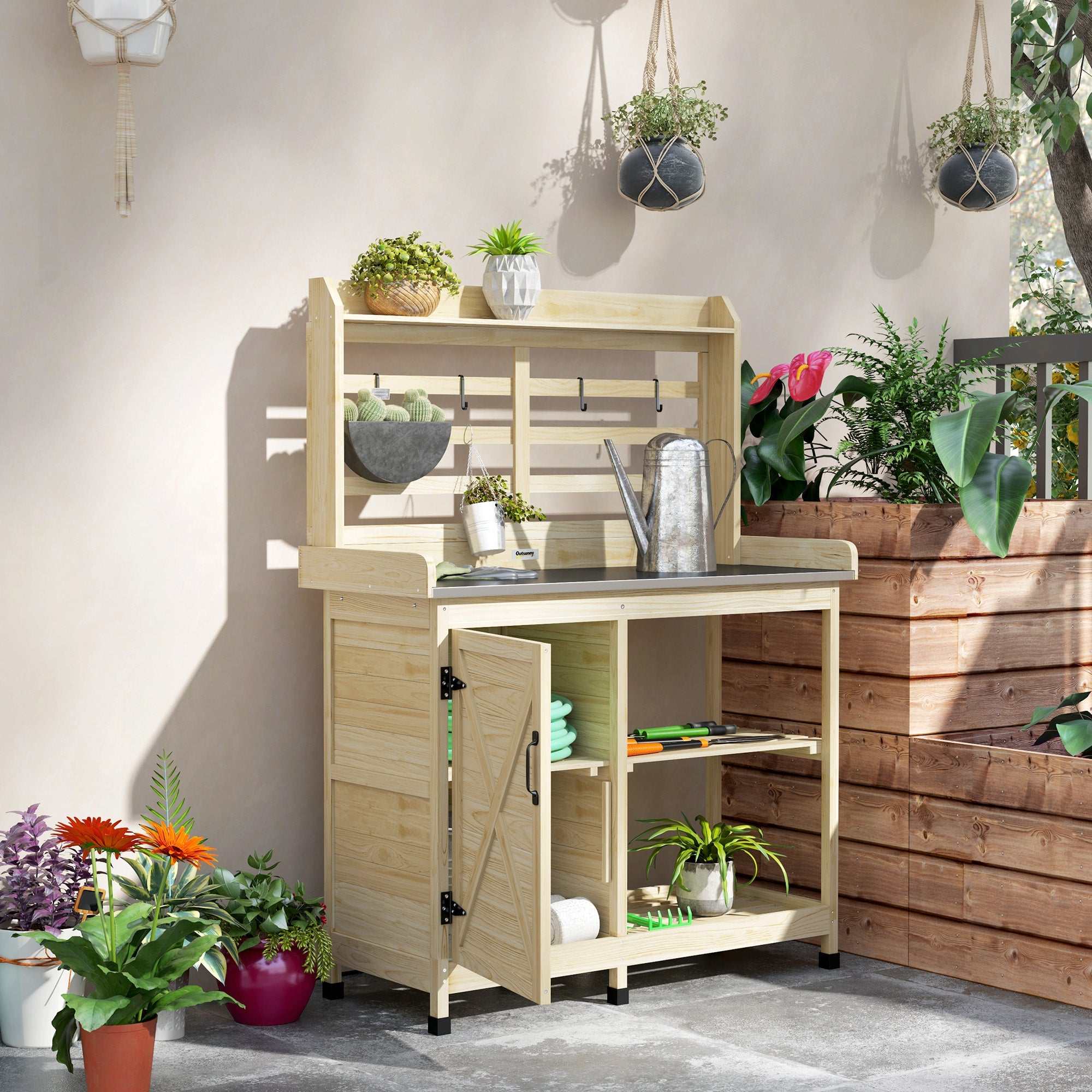 A wooden kitchen cart for Cleaning & Organization, featuring plants and gardening tools in a bright outdoor setting.