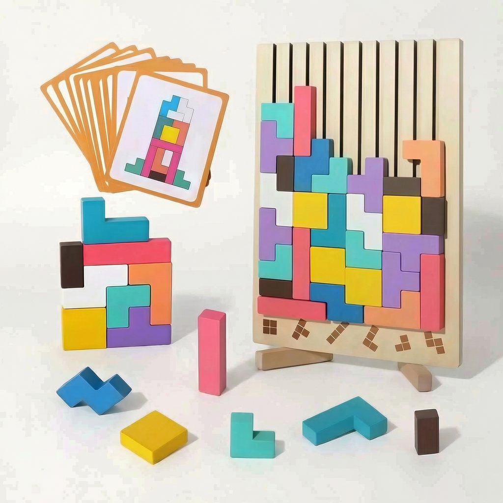 Bolthut™ The Screen-Free Brain Builder: wooden frame with colorful interlocking blocks and challenge cards