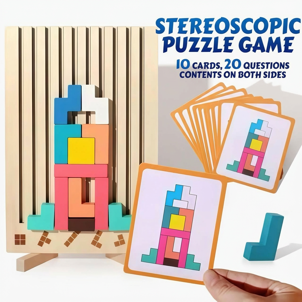 Bolthut™ The Screen-Free Brain Builder with colorful block tower and playing cards on a wooden board.