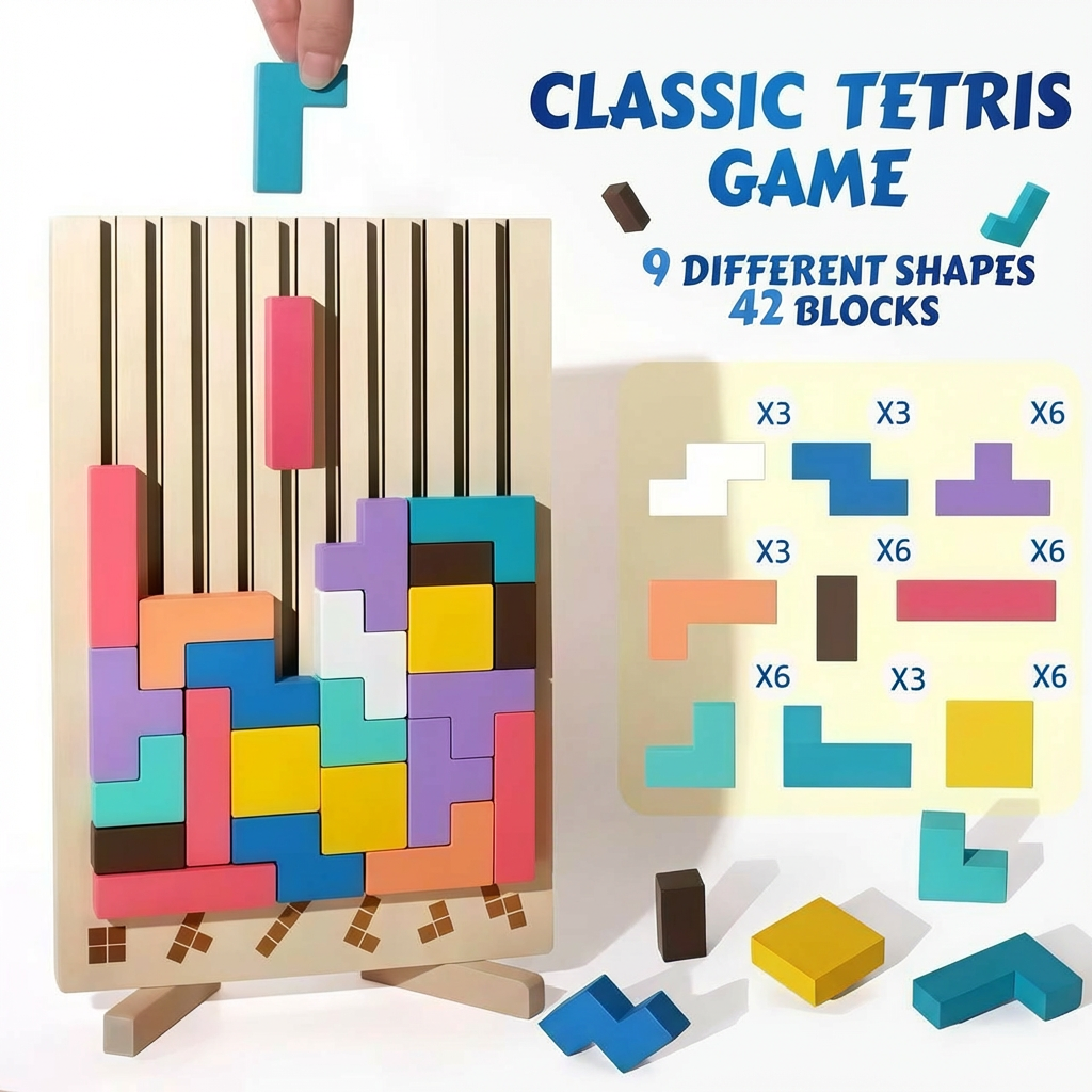 Bolthut™ The Screen-Free Brain Builder with colorful interlocking blocks on a wooden board.