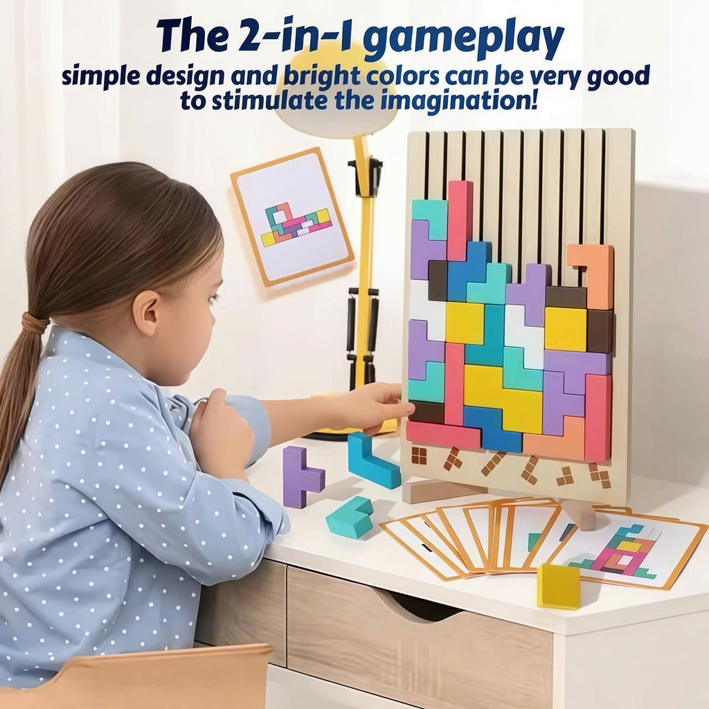 Bolthut™ The Screen-Free Brain Builder: child stacking colorful blocks on a vertical puzzle board.