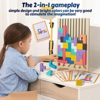 Bolthut™ The Screen-Free Brain Builder: child stacking colorful blocks on a vertical puzzle board.