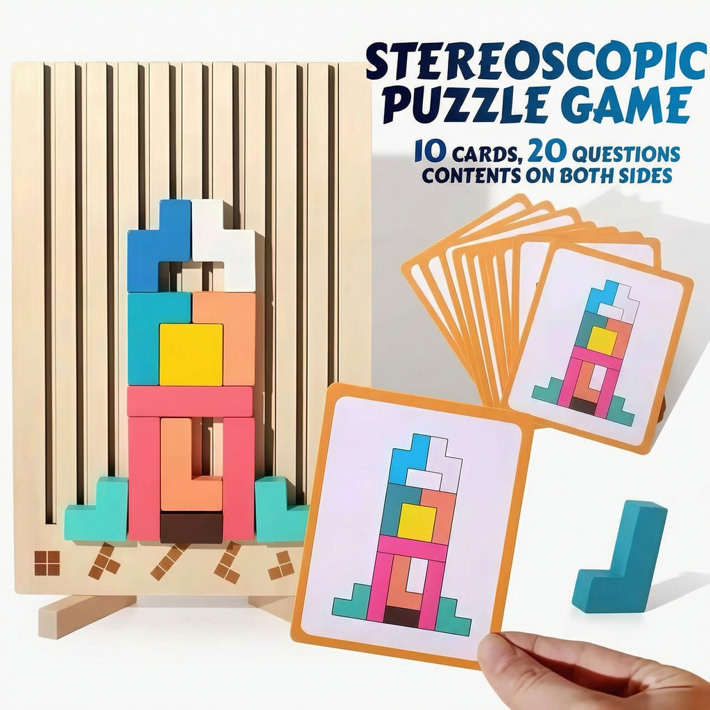 Bolthut™ The Screen-Free Brain Builder: colorful wooden blocks stacked into a tower beside orange-bordered puzzle cards.