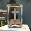 3D inner carved cross crystal LED lamp with wooden base