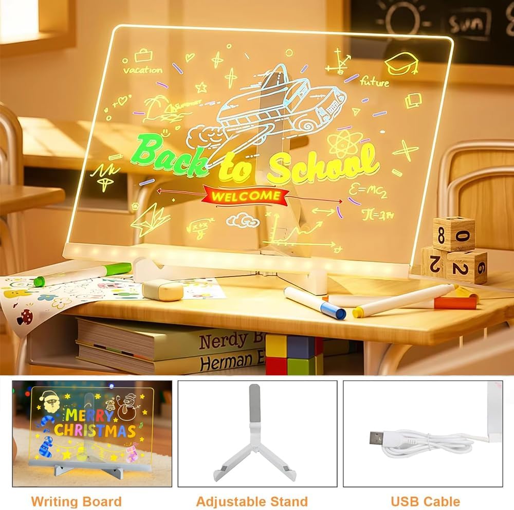 Led Drawing Board,LED Note Board with 7-Color Pens, Light-Up Acrylic Message Board, Glowing Dry Erase Writing & Drawing Board with Stand for Office, School, Home