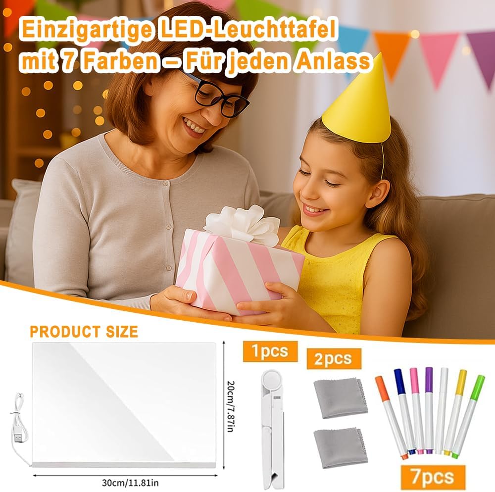 Led Drawing Board,LED Note Board with 7-Color Pens, Light-Up Acrylic Message Board, Glowing Dry Erase Writing & Drawing Board with Stand for Office, School, Home