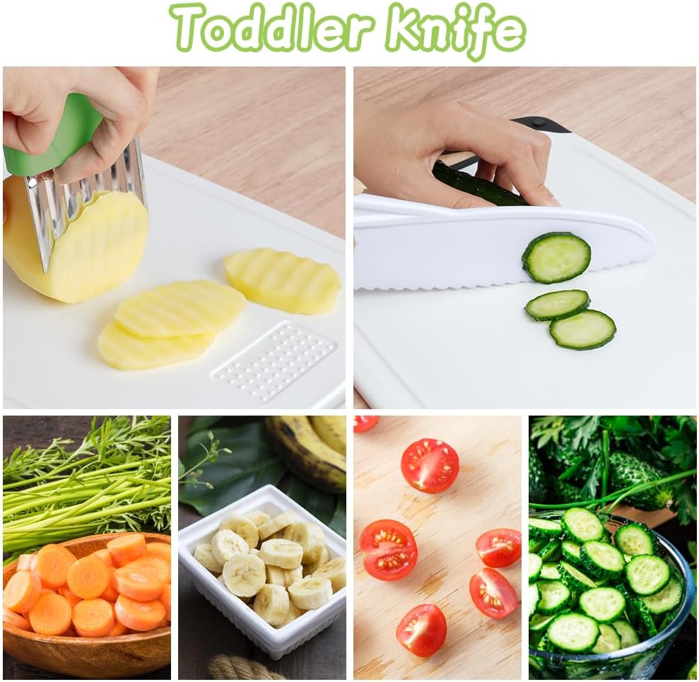 HOTUT 35 Pcs Kids Knife Set for Chopping, Mini Chef Kids Cooking Knife Set with Foldable Storage Box, Crinkle Cutter, Cookie Cutters, Montessori Toys for Christmas Birthday Gifts, BPA-Free