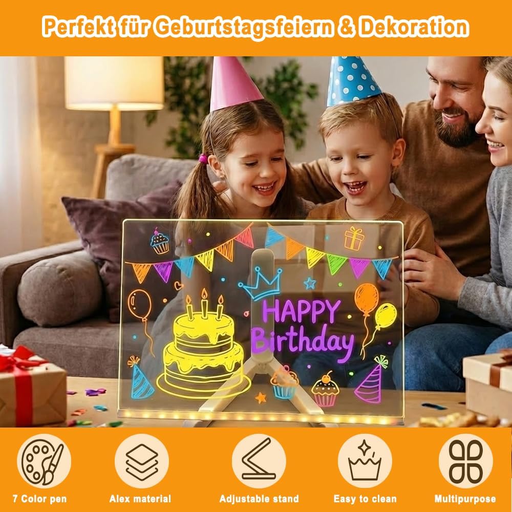 Led Drawing Board,LED Note Board with 7-Color Pens, Light-Up Acrylic Message Board, Glowing Dry Erase Writing & Drawing Board with Stand for Office, School, Home