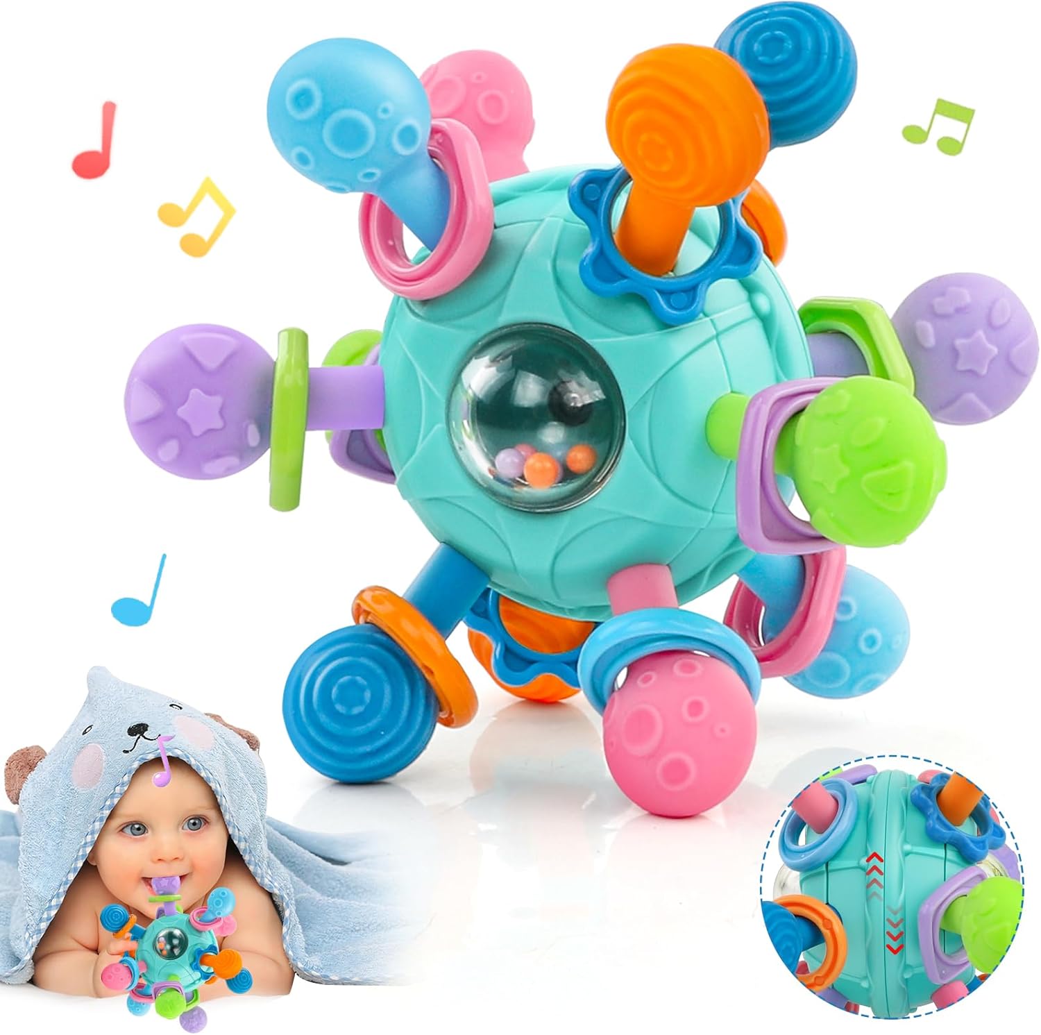 Baby Toys 0-6 Months Sensory Montessori Toys for Babies 6-12 Months Baby Rattle Teether Toy Shaker Grab Spin Newborn Toy Gift for 8 9 Month Babies Toddler Boys Girls Christmas(Blue)