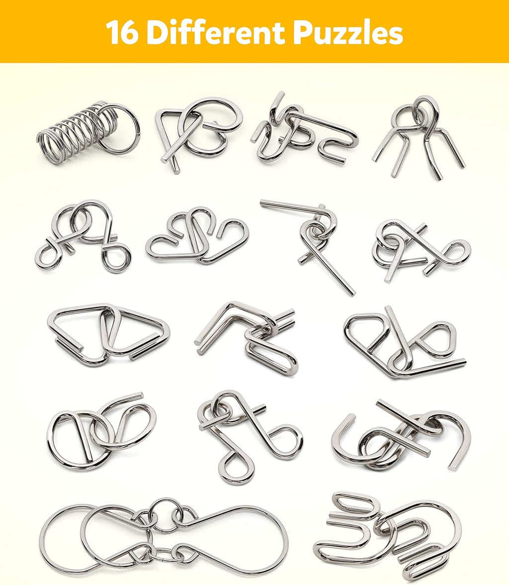 Coogam Brain Teaser Metal Wire Puzzles IQ Test Toy Mind Game Jigsaw for Kids and Adults, Set of 16