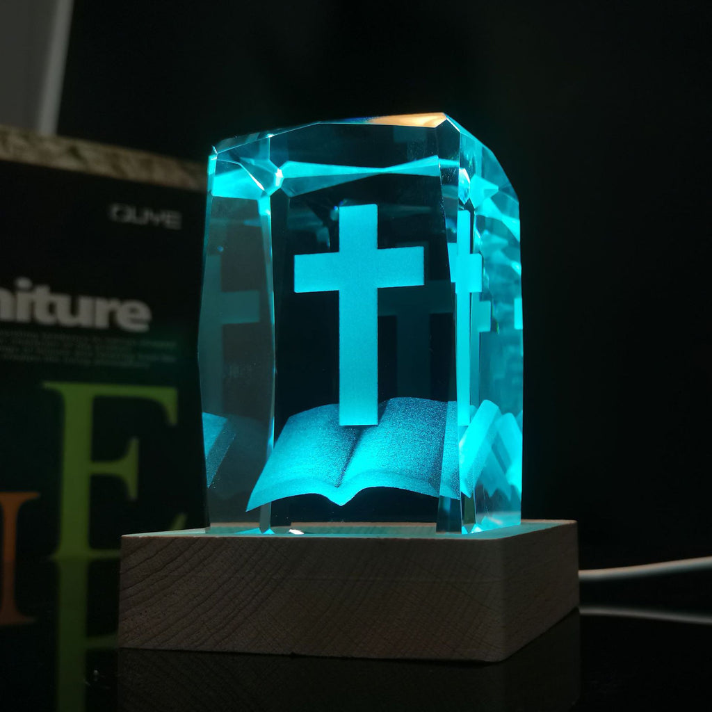 3D inner carved cross crystal LED lamp with wooden base