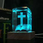 3D inner carved cross crystal LED lamp with wooden base