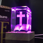 3D inner carved cross crystal LED lamp with wooden base